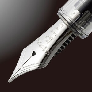 May include: Close-up of a silver fountain pen nib with the inscription "14K  M  585  Q & Co."