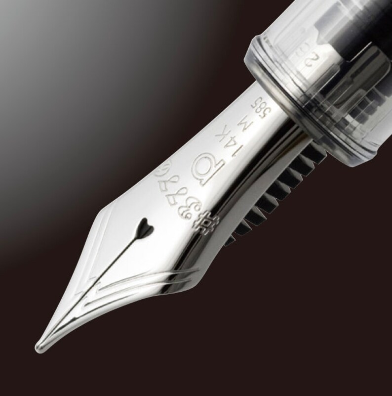May include: Close-up of a silver fountain pen nib with the inscription "14K  M  585  Q & Co."