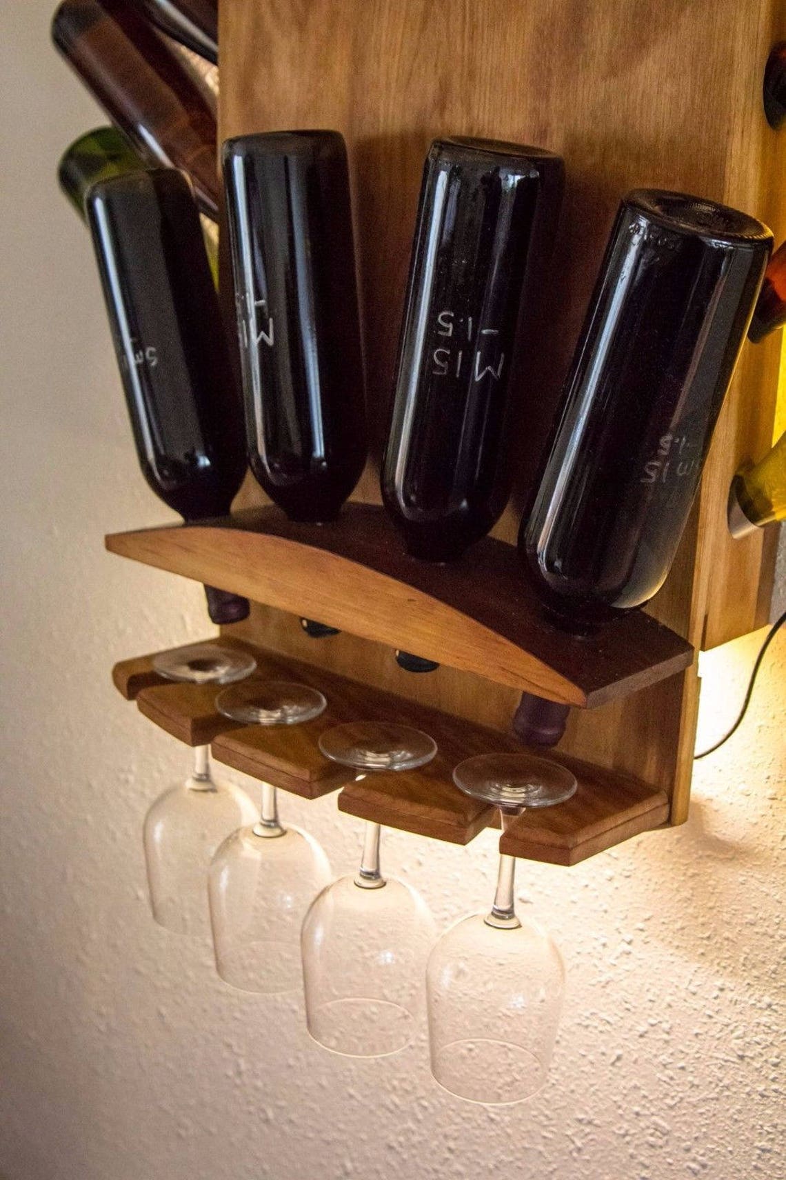 Oak and LED 16 Bottle Wine Rack With 4 Glasses Etsy Sweden