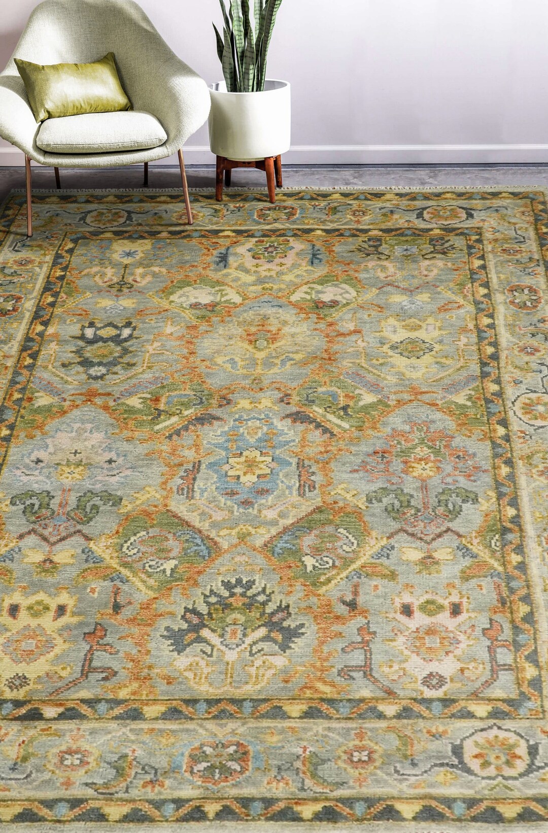 Antique Style Moss Green Persian Rug Silver Rug Living Room Etsy