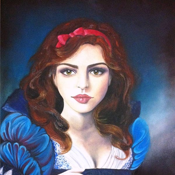 Peinture "Blanche Neige" portrait a l'huile sur toile, réalisé au pinceau et couteau. 60cm x 80cm