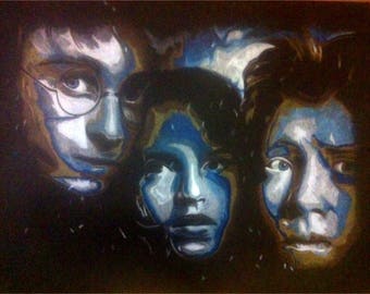 Grand dessin Harry Potter réalisé aux crayons de couleurs sur papier noir. 70cm x 50cm