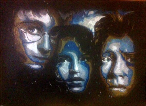 Grand Dessin Harry Potter Réalisé Aux Crayons De Couleurs Sur Papier Noir 70cm X 50cm