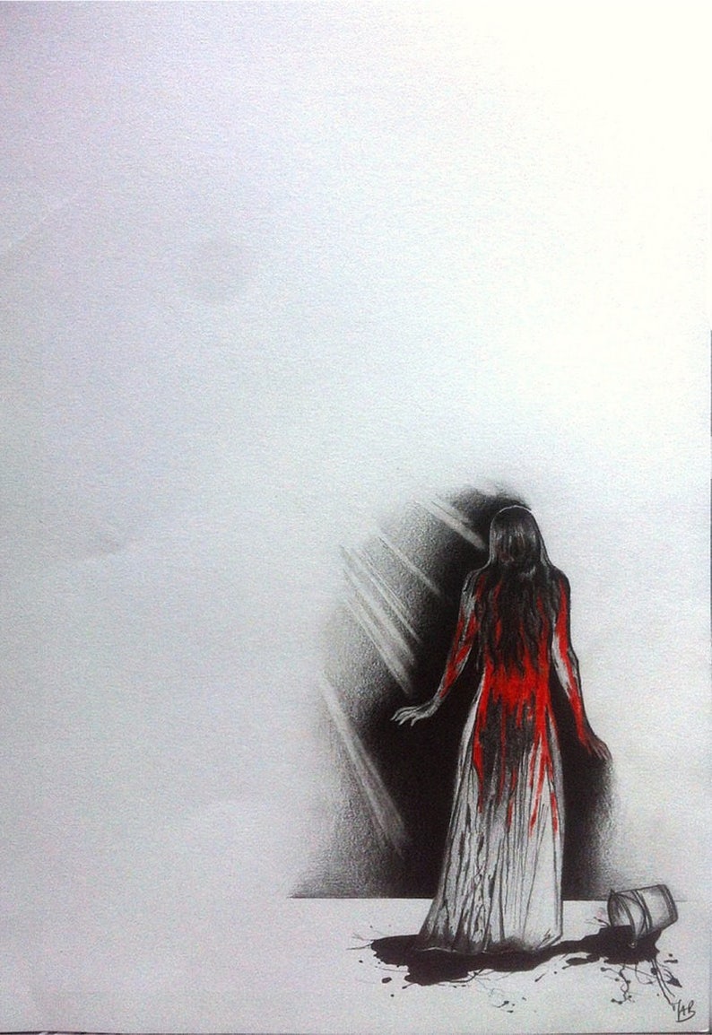 CARRIE: Drawing inspiration from the artwork of Stephen King. Small drawing in the graphite and red colored pencil. 30cmx40cm CARRIE: Drawing inspiration from the artwork of Stephen King. Small drawing in the graphite and red colored pencil. 30cmx40cm