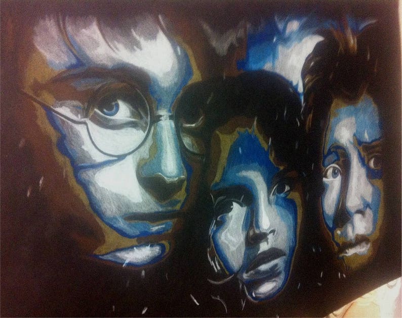 Grand dessin Harry Potter réalisé aux crayons de couleurs sur papier