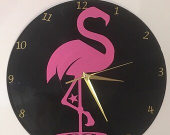 Horloge / pendule murale "Flamant rose" sur disque vinyle