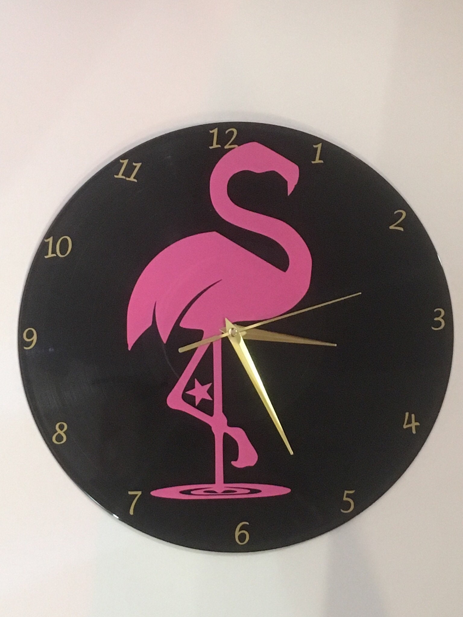 Horloge/Pendule Murale Flamant Rose sur Disque Vinyle