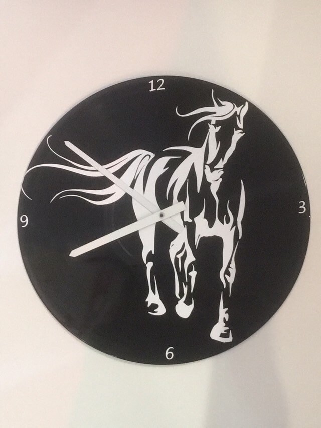 Horloge/Pendule Murale sur Disque Vinyle Cheval Stylisé Blanc