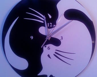 Horloge / pendule murale sur disque vinyle : Yin Yang chat