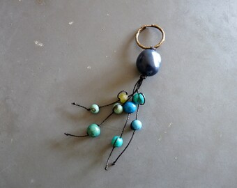 keychain in dark blue vegetable ivory and green and blue tones