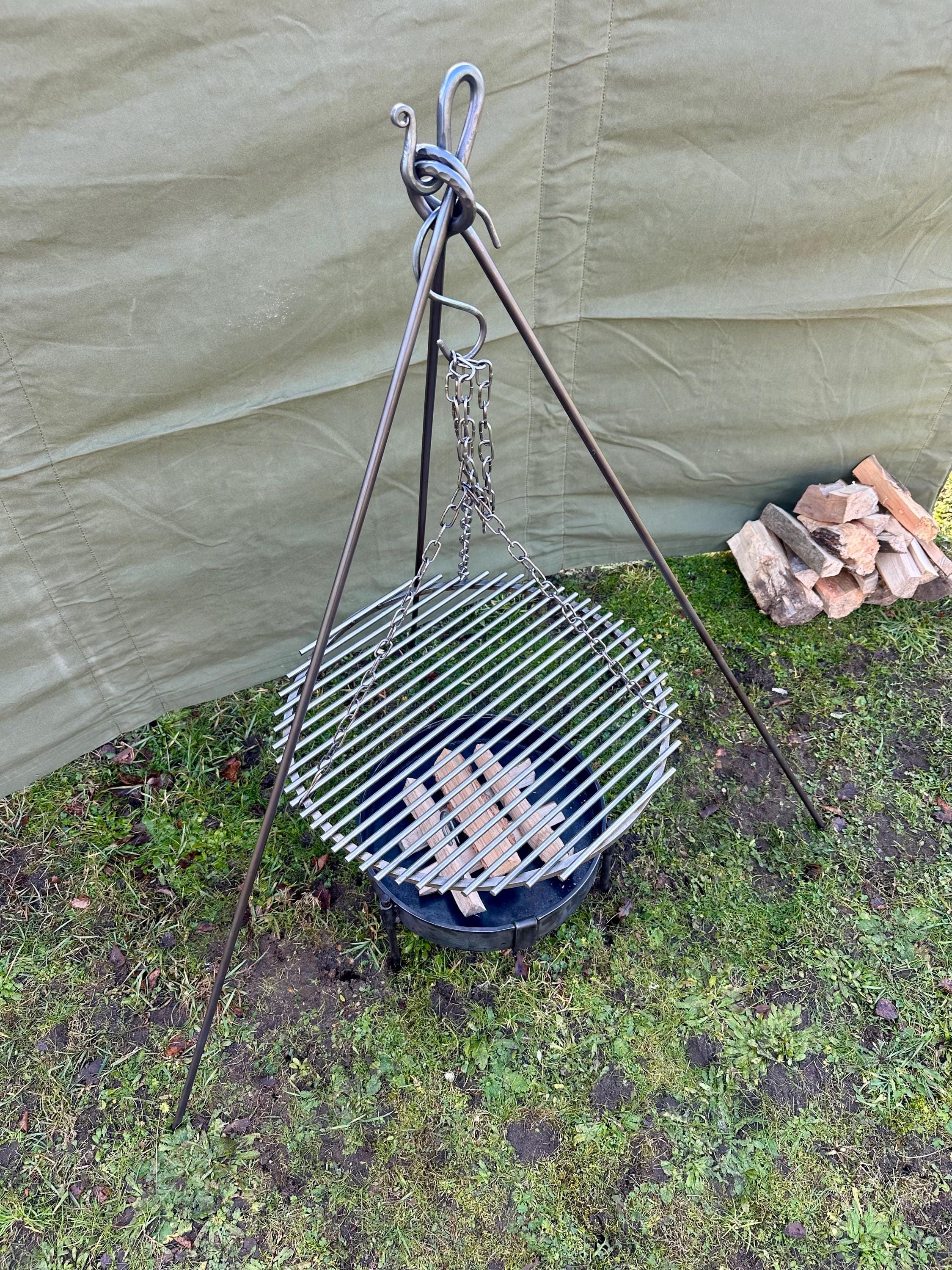 Hanging Grill Campfire Tripod With Adjustable Grill Grate Hanging