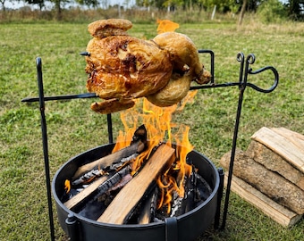 Portable Campfire Rotisserie Spit Roast - Hand Forged Steel Camping, Bushcraft, & Garden Cooking