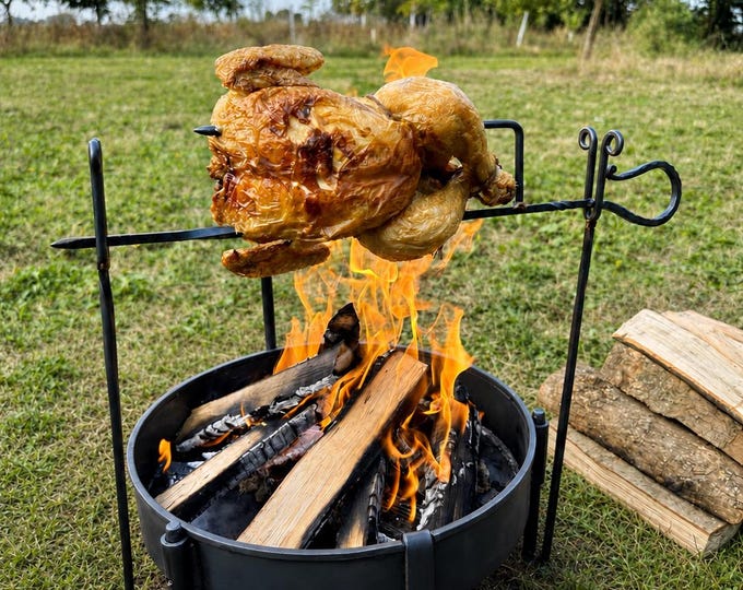 Portable Campfire Rotisserie Spit Roast - Hand Forged Steel Camping, Bushcraft, & Garden Cooking