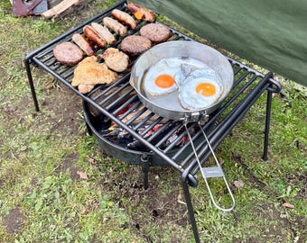 Outdoor Cooking Fire Pit Grill, Compact Travel BBQ, Handmade Steel Camp Grill, UK Made