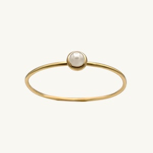 ELLA 14K Pearl Stacking Ring Solid Gold, June Birthstone Natural Cultured Freshwater Pearl Handcrafted Dainty Jewelry, US made, gift for her