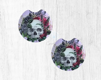 Set di 2 sottobicchieri per auto, decorazione auto gotica, sottobicchieri per auto gotici, decorazione teschio, accessorio auto teschio, regalo di Natale per sorella, regalo di Babbo Natale segreto
