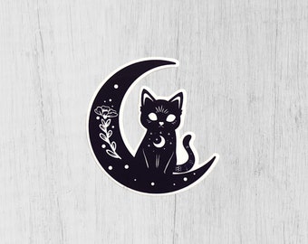 猫の月のステッカー、天体ステッカー、魔女のステッカー、神秘的なステッカー、天体猫のステッカー、女性への魔女のギフト、オカルトステッカー