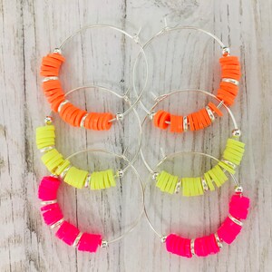 Heishi pearl hoop earrings - fluorescent colors, silver frame