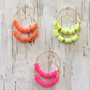 Heishi pearl hoop earrings - fluorescent colors, gold frame