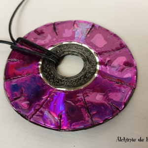 Purple disc necklace made from recycled CD DVDs