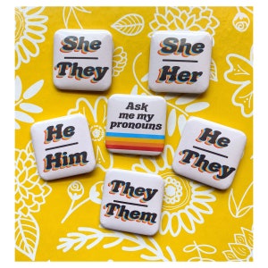 Retro Style Pronoun Square Pinback Buttons