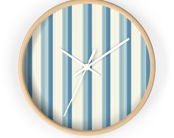 Coastal Blue Beach Stripes Wall Clock, Tropical Home Decor, Nautical Theme, Ocean Lover Gift, Seaside Vibes, Beach House Wall Art