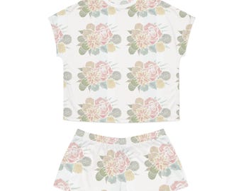 Cactus Floral Bouquet Women's Short Pajama Set, Cozy Sleepwear, Summer Nights, Gift for Her, Lounge Wear, Floral Print PJs