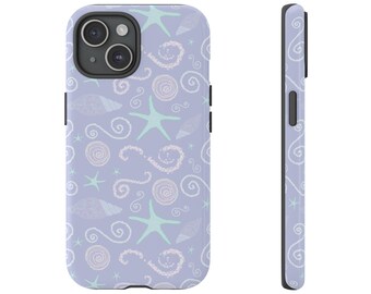 Phone Case, Coastal Purple Seashells and Starfish Tough Case, Protective Cover, Beach Phone Skin, Sea Life Pattern, Ocean Theme Accessories