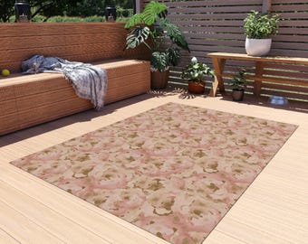 Boho Outdoor Rug, Vintage Rose Gold,  Pink Copper Floral,Indoor Outdoor Area Carpet, Home Decor Patio Accent, Stylish Outdoor living,