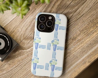 Blue Watercolor Flower Vase Phone Case for Cottage Core Lovers, Floral iPhone Cover, Protective Tough Case, Coquette Feminine tough case