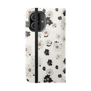 Floral Phone Wallet Case: Black, White & Gold Faux Leather Flip Cover