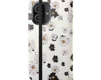 Black White Gold Floral Phone Flip Case, Stylish Phone Wallet Cover, Trendy Gift for Her, Cute Floral Design, Everyday Use Accessory