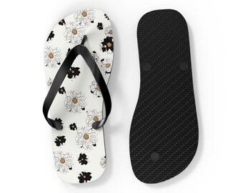 Tangled Black White Gold Floral Flip Flops - Summer Beach Sandals, Perfect for Vacation, Pool Parties, Garden Walks, and Spring Celebrations