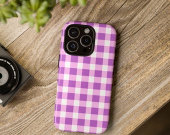 Chic Phone Case - Purple Gingham Design, Stylish Phone Cover, Trendy Gifts for Her, Customizable Accessories, Farmhouse cheerful Aesthetic