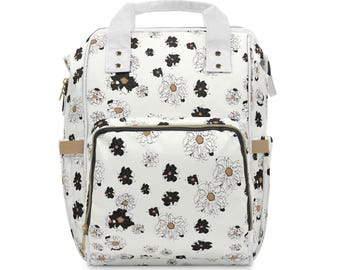 Black White Gold Floral Multi-functional Diaper Backpack - Trendy Baby Bag, Stylish Mom Backpack, Lightweight Travel Bag