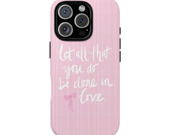 Pink Plaid Bow Tough Case, Love Bible Verse, Girly, Coquette Protective Cover, Trendy Tech Accessory, Gift for Her