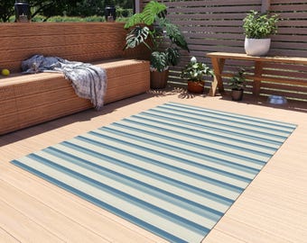 Outdoor Rug, Coastal Blues Beach Striped Rug, Nautical Patio Mat, Beach House Decor, Indoor Outdoor Carpet, Coastal Home Accent