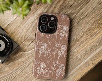 Tough Cases, Mocha Boho Floral Dotted Hand Drawn Design, Phone Cases for iPhone Google Samsung, Protective Cover, Unique Gift Idea