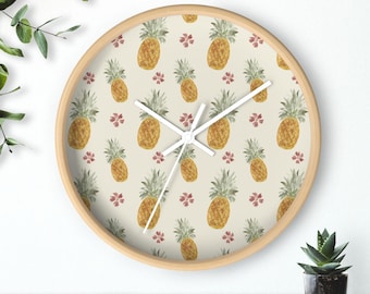 Pineapple and Flowers Wall Clock, Tropical Floral Home Decor
