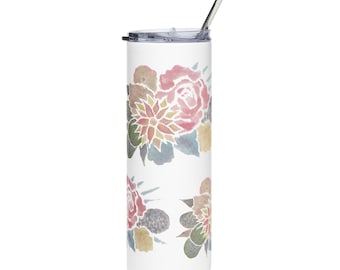Cactus Flower Bouquet Stainless Steel Tumbler 20oz, Boho Chic Watercolor Drinkware, Designer Cup for Women, Gift for Her, Floral Print Mug