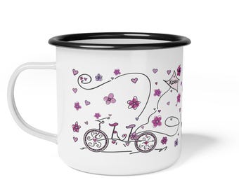 XOXO Tandem Bike, Couples Camping Mug, Romantic Outdoor Drinkware, Love Birds Travel Cup, Valentine's Day Gift