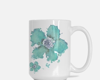 Ocean Inspired Coffee Mug, Floral Watercolor Coffee Mug, Teal flowers, Deluxe 15oz Mug, Morning Coffee Cup, Gift for her