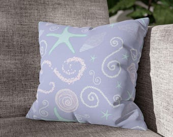 Purple Seashells, Square Pillowcase, Coastal Home Decor, Starfish Design, Nautical Throw Cushion Cover, Starfish Pillow