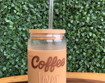 Coffee Lover Stylish Sipper Glass, 16oz, Coffee Enthusiast gift, BPA Free coffee cup, gift for him or her, iced coffee drinker gift.