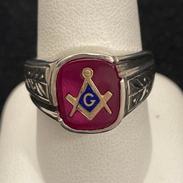 Mens Sterling Silver Masonic Ring CZ Stones & Frosted Side