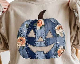 Denim Patchwork Pumpkin PNG: Floral Halloween Sublimation (Digital Download)