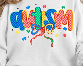 Retro Checkered Autism PNG, Colorful Coquette Bow Sublimation Design