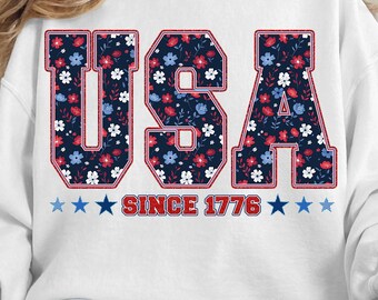 Floral USA PNG: Retro sublimacyjny wzór na 4 lipca (pobranie cyfrowe)