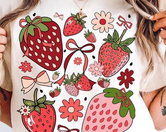 Boho Erdbeere Blumen PNG: Kokette Preppy Design (Digitaler Download)