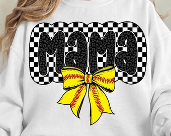 May include: White sweatshirt with the word "MAMA" in a black and white checkered design with a leopard print fill. A yellow softball bow is at the bottom of the word.